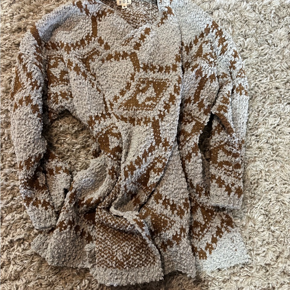 POL Gray and Brown Cardigan Sweater with Intricate Knit